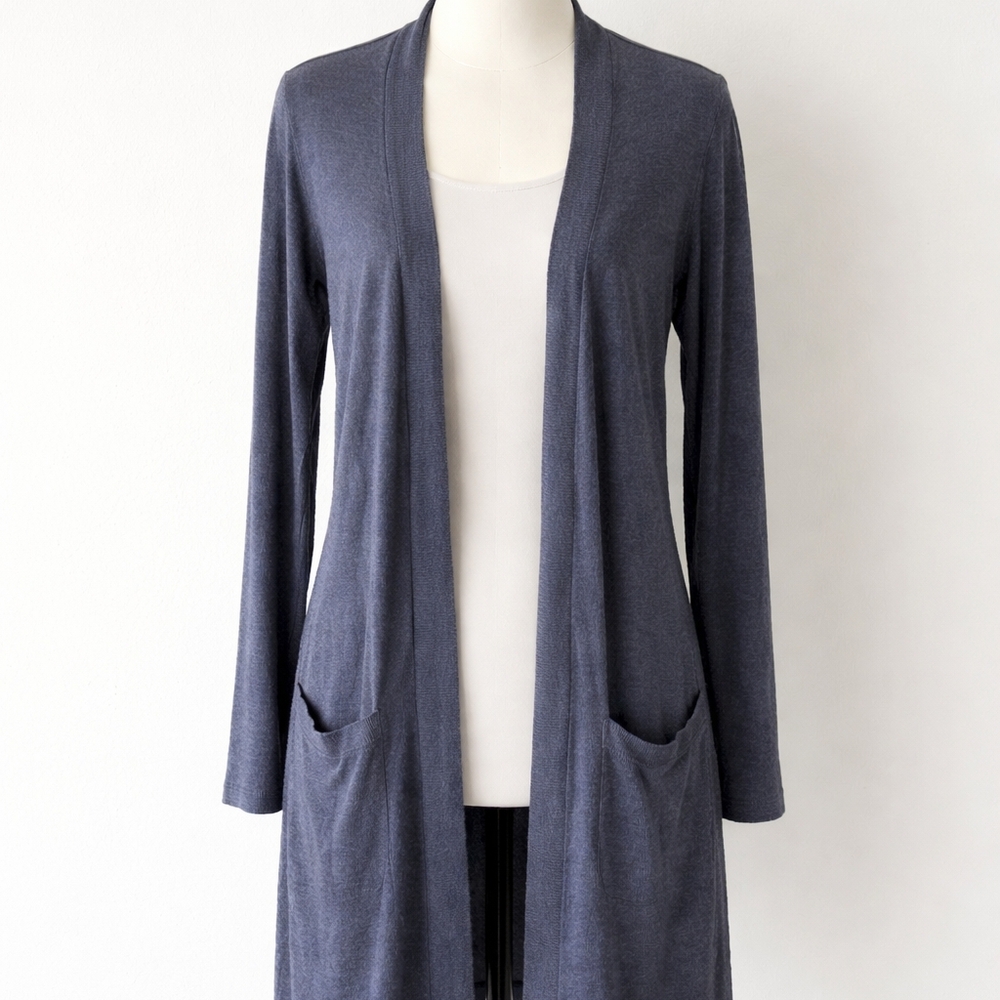 J. Jill Long Open Front Cardigan Duster Blue Lightweight Knit Pockets Womens S